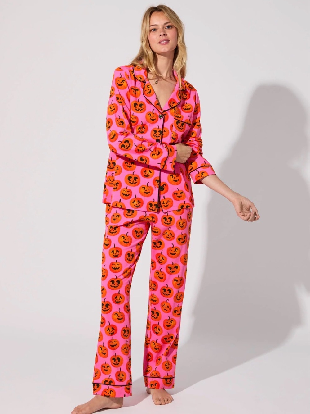 BedHead Jolly Jack-O-Lanterns Long Sleeve Classic Stretch Jersey PJ Set - Small
